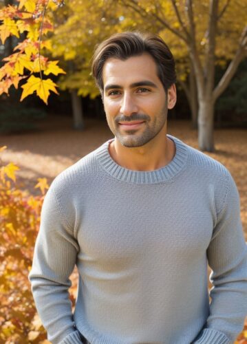 Spanish man in a cozy sweater for Thanksgiving