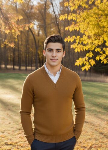 Spanish young man in a Thanksgiving-themed outdoor shoot