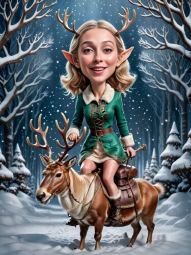 Caricature of a Young Woman Elf Riding a Reindeer