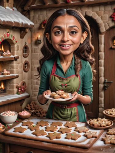 Cozy Elf Cottage with South Asian Woman Elf Baking Gingerbread Cookies