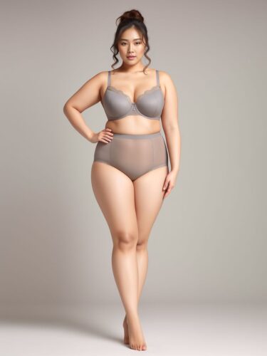 Plus Size Asian Woman Underwear Model on Gray Background