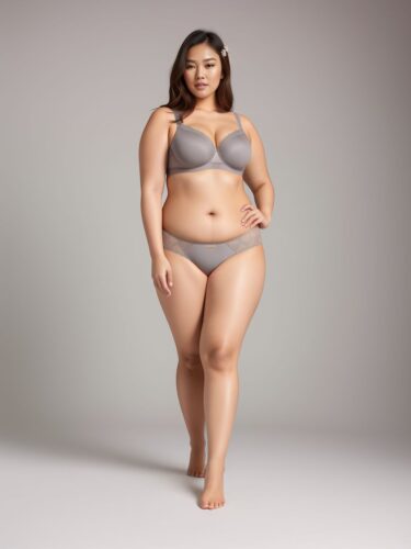 Plus Size Asian Woman Underwear Model on Gray Background