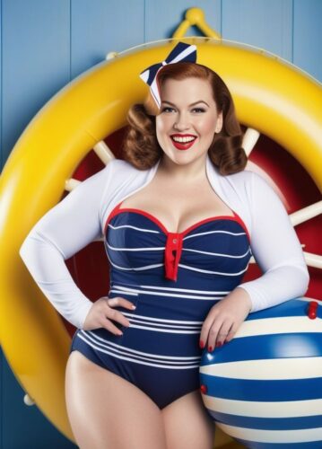 Plus-Size Pin-Up Swimsuit Model in Nautical Setting