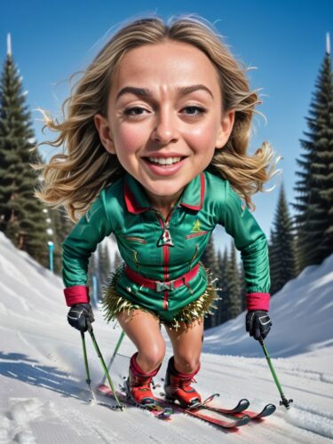 A Young Eurasian Woman Elf Caricature Skiing with Tinsel