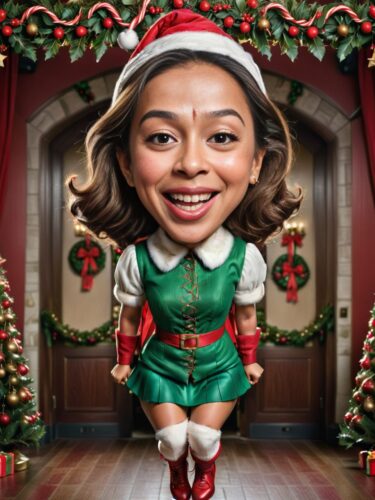 Young Filipino Woman Elf Caricature Swinging from Christmas Garland