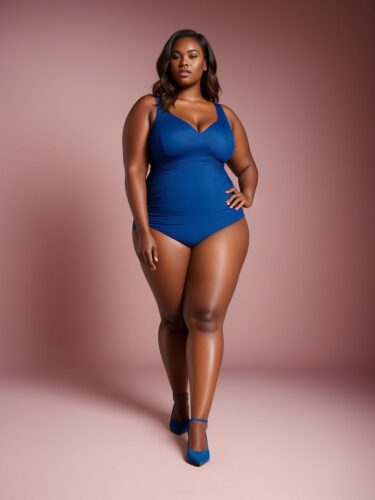 Young Black Woman Plus Size Fashion Model in Blue Apparel