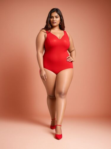 Vibrant Studio Shot of South Asian Plus Size Fashion Model in Red Apparel