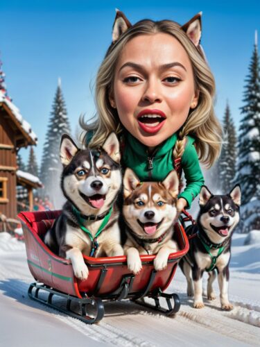 A Young Siberian Woman Elf Caricature Sleigh Racing with Huskies