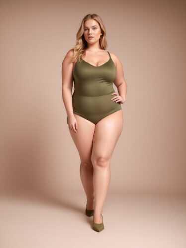 Young Woman Plus Size Fashion Model in Olive Green Apparel