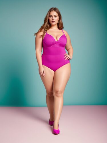 Youthful Plus Size Fashion Model in Magenta Apparel