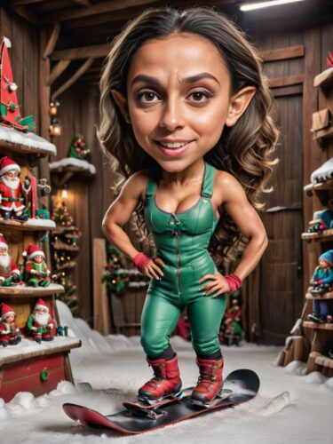 Full-Body Caricature of a Young Brazilian Woman Elf Crafting a Snowboard in Santa’s Workshop