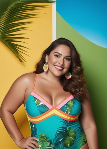 Plus-Size Hispanic Woman in Tropical Print Swimsuit
