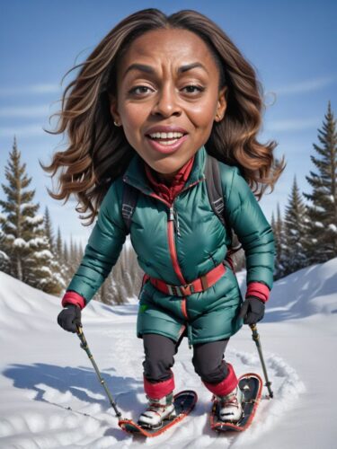 Full-Body Caricature of a Young Kenyan Woman Elf Testing Snowshoes