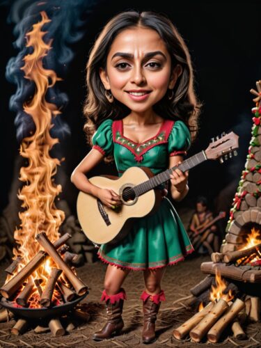 Young Mexican Woman Elf Playing Guitar by Christmas Bonfire