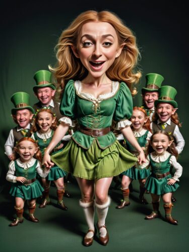 Full-Body Caricature of a Young Irish Woman Elf Dancing a Jig with Leprechauns