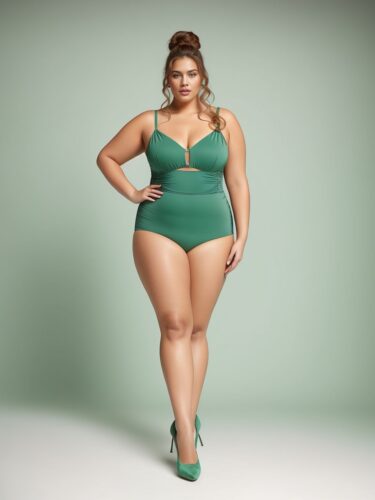 Charismatic Pose of Plus Size Fashion Model in Jade Green Apparel