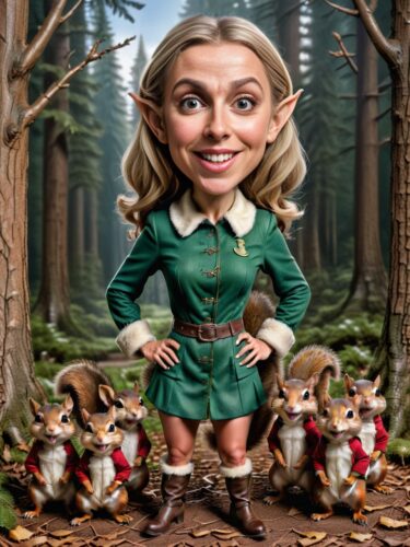 Full-Body Caricature of a Young Canadian Woman Elf Guiding Mischievous Squirrels