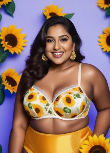 Radiant Plus-Size South Asian Woman in Sunflower-Themed Lingerie