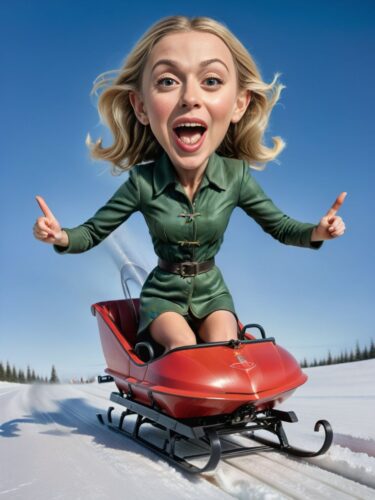 Full-Body Caricature of a Young American Woman Elf Testing High-Speed Sleigh Prototype