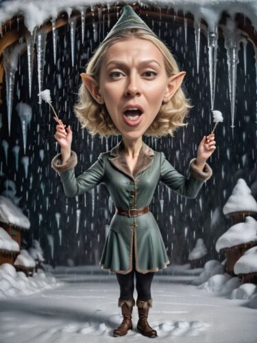 A Full-Body Caricature of a Young Swedish Woman Elf Conducting a Symphony of Icicles