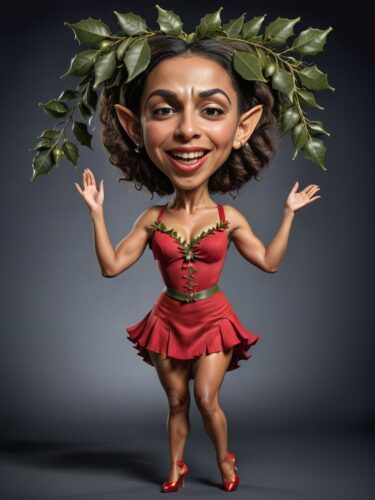 Full-Body Caricature of a Young Cuban Woman Elf Dancing Salsa Under Mistletoe