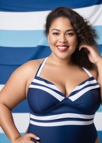 Plus-Size Woman in Nautical-Themed Swimsuit
