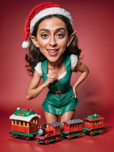 Full-Body Caricature of a Young Brazilian Woman Elf Assembling a Toy Train on a Christmas Background