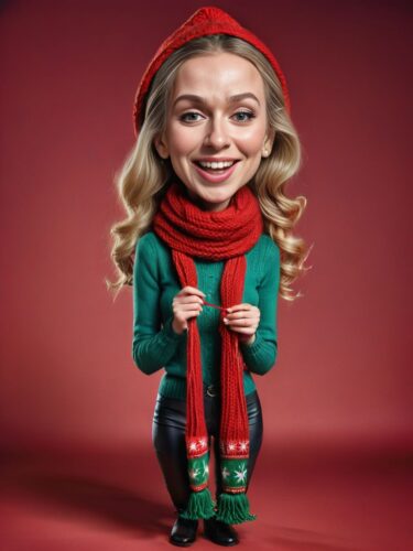 Full-Body Caricature of a Young Russian Woman Elf Knitting a Christmas Scarf