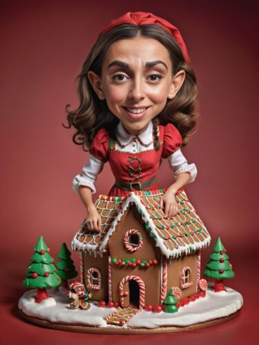 Young Spanish Woman Elf Crafting Gingerbread House