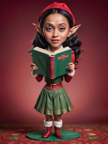 Young Indonesian Woman Elf Reading Christmas Storybook