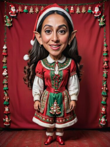 Full-Body Caricature of a Young Peruvian Woman Elf with Christmas Legends Tapestry