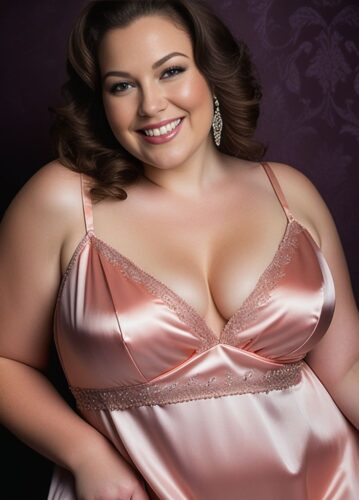 Smiling Plus-Size Woman in Satin Nightgown