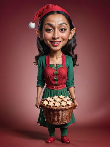 Crimson Christmas Background with Nepalese Woman Elf Carrying Star-shaped Cookies