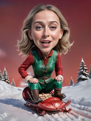 Full-Body Caricature of a Young Canadian Woman Elf Sledding