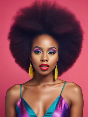 Young African Woman with Bold Afro and Colorful Makeup