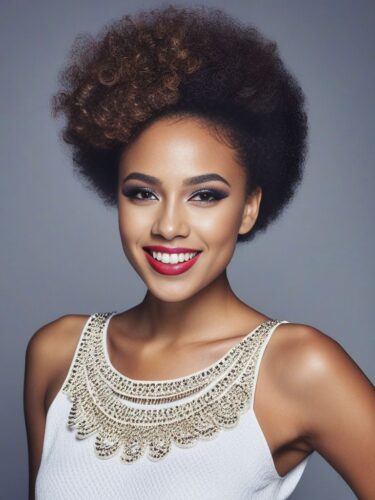 Happy Mixed Race Woman with Trendy Hairdo and Creative Makeup