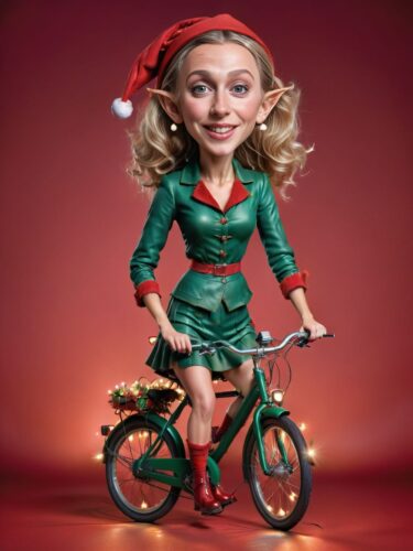 Young Dutch Woman Elf Riding Bicycle on Christmas Background