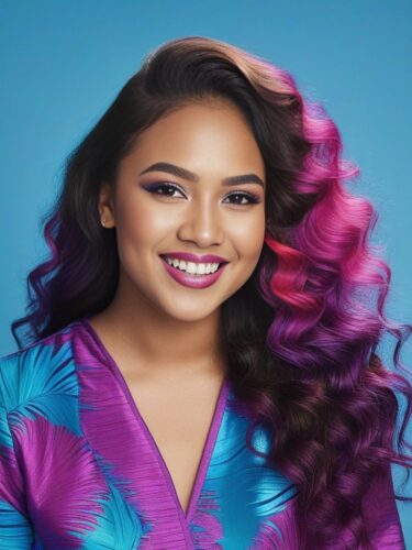 Happy Young Pacific Islander with Long, Wavy Hair and Vibrant Makeup