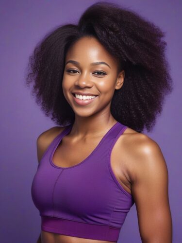 Cheerful Young Black Woman in Purple Yoga Top