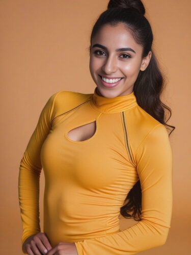 Smiling Middle Eastern Woman in Yellow Yoga Outfit
