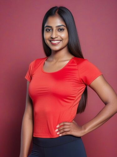 Beaming Young South Asian Woman in Red Yoga Top
