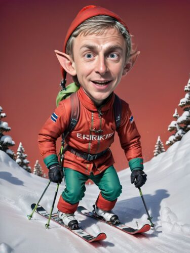 Young Norwegian Male Elf Skiing Down Snowy Slope