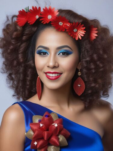 Young Central American Woman with Lively Hairstyle and Festive Makeup