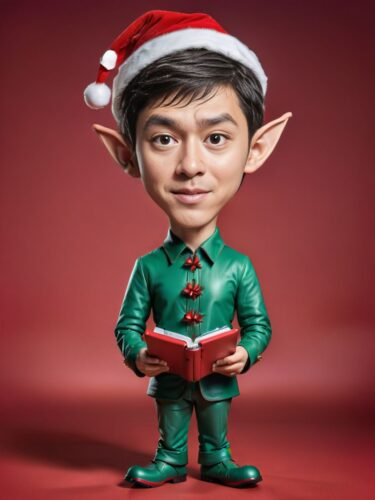 Full-Body Caricature of a Young South Korean Male Elf Designing a High-Tech Christmas Gadget