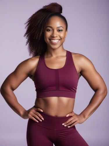 Smiling African American Woman in Burgundy Yoga Outfit