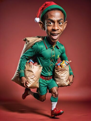 Jamaican Male Elf Sprinting with a Sack of Toys