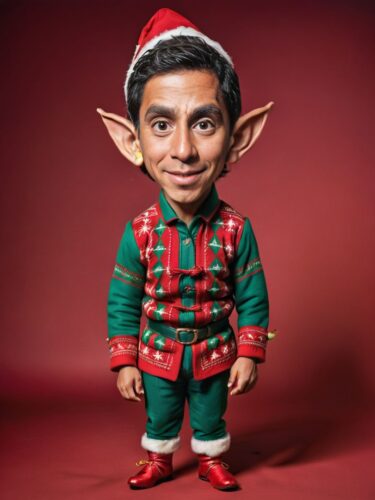 Full-Body Caricature of a Young Peruvian Male Elf with Handmade Christmas Textiles