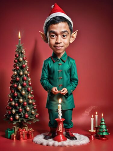 Young Malaysian Male Elf Lighting Candles on Christmas Tree
