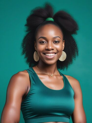 Smiling Black African Woman in Emerald Green Yoga Top