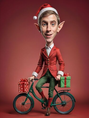 Radiant Red Christmas Background with Dutch Male Elf Riding Bicycle with Gifts